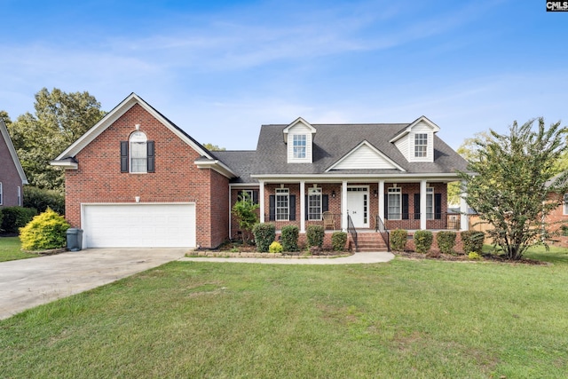 cape cod home with a porch, a front yard, and a garage