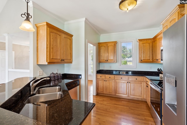 kitchen featuring sink, pendant lighting, light hardwood / wood-style floors, crown molding, and stainless steel appliances