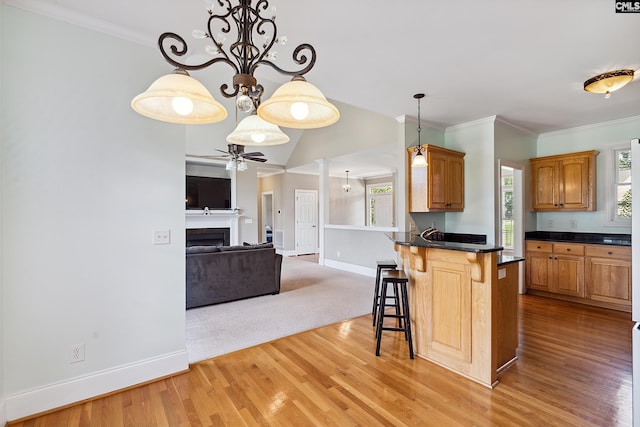 kitchen featuring hanging light fixtures, a kitchen bar, and light wood-type flooring