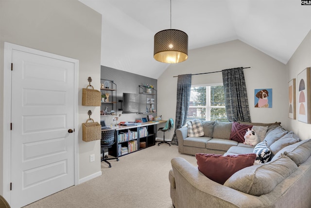 living room featuring lofted ceiling and carpet floors