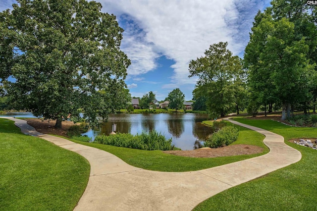 view of property's community featuring a water view and a lawn