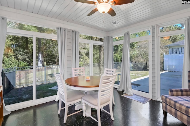 sunroom featuring ceiling fan and wooden ceiling