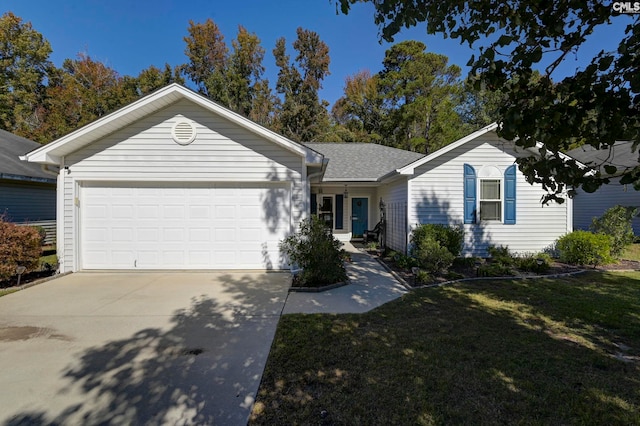 single story home featuring a front yard and a garage