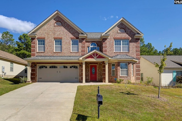 view of front facade featuring a front yard and a garage