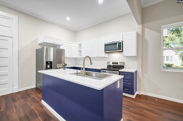 kitchen featuring appliances with stainless steel finishes, white cabinetry, sink, and a center island with sink