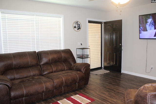 living room with ceiling fan and dark hardwood / wood-style flooring