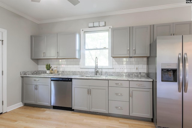 kitchen featuring backsplash, gray cabinetry, stainless steel appliances, and light wood-type flooring