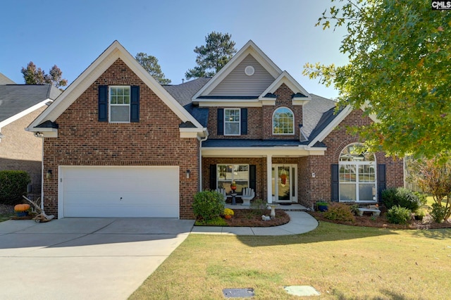 view of front property featuring a front yard, a porch, and a garage