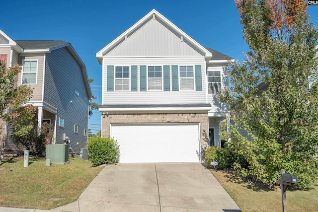 view of front of home featuring a garage, concrete driveway, brick siding, and board and batten siding