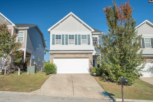 view of front of home with brick siding, an attached garage, board and batten siding, driveway, and a front lawn