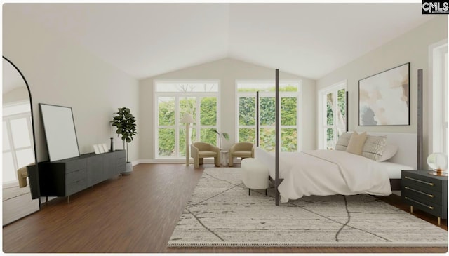 bedroom featuring lofted ceiling and dark hardwood / wood-style flooring