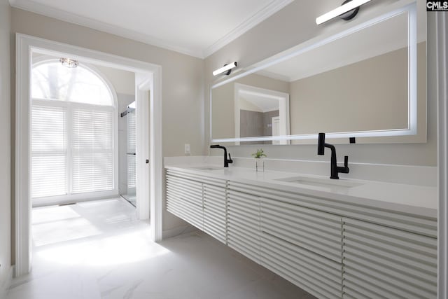 bathroom featuring vanity and ornamental molding