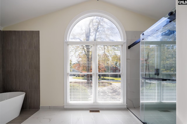 doorway with vaulted ceiling and plenty of natural light