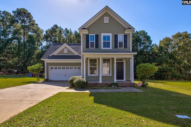 view of front of property with covered porch, a front lawn, and a garage