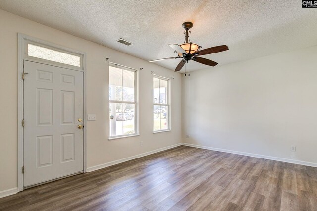 entryway with wood-type flooring, a healthy amount of sunlight, and ceiling fan