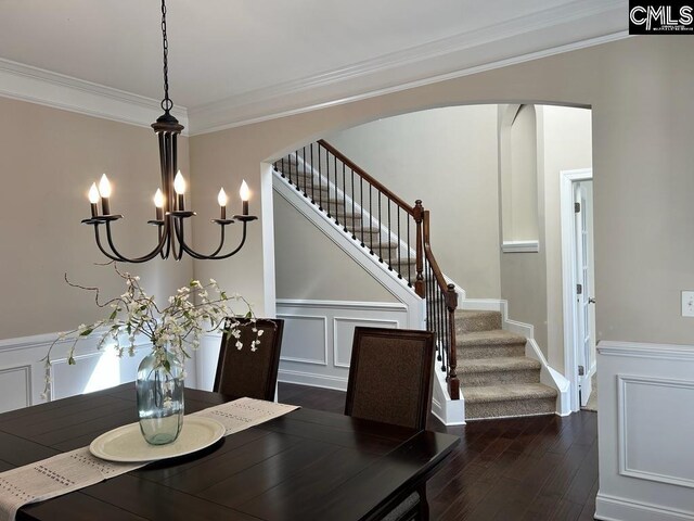 60 Fork Branch Ct, Irmo, SC 29063 - dining room with wainscoting, ornamental molding, dark wood-type flooring, and stairway