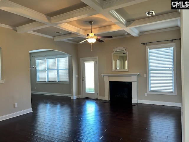 unfurnished living room with dark hardwood / wood-style floors, beamed ceiling, and coffered ceiling