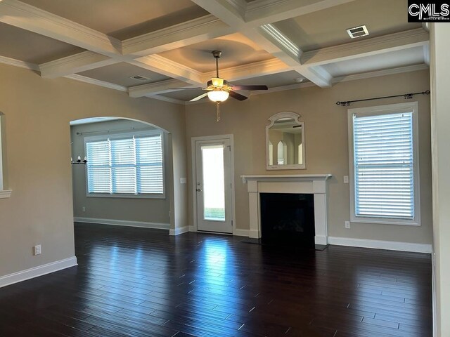 60 Fork Branch Ct, Irmo, SC 29063 - unfurnished living room featuring a fireplace with flush hearth, dark wood-style flooring, visible vents, coffered ceiling, and a ceiling fan