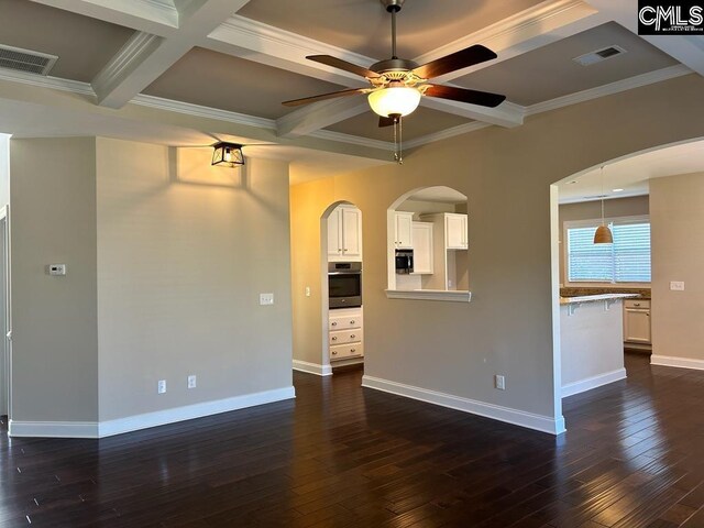 60 Fork Branch Ct, Irmo, SC 29063 - unfurnished living room with dark wood-style floors, beam ceiling, visible vents, coffered ceiling, and ceiling fan