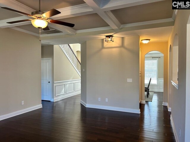 60 Fork Branch Ct, Irmo, SC 29063 - unfurnished living room featuring ceiling fan, arched walkways, coffered ceiling, and dark wood finished floors