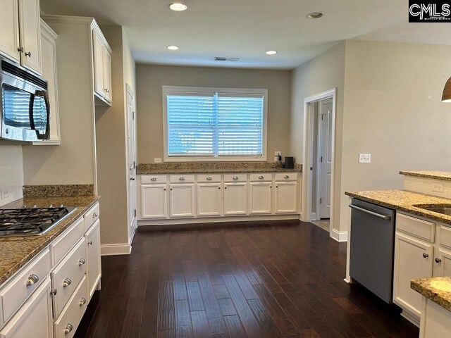 60 Fork Branch Ct, Irmo, SC 29063 - kitchen featuring white cabinets, light stone counters, dark wood-style floors, and appliances with stainless steel finishes