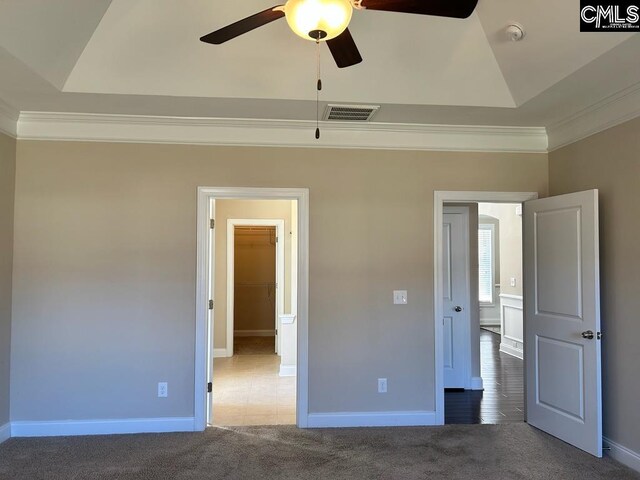 60 Fork Branch Ct, Irmo, SC 29063 - unfurnished bedroom with visible vents, a ceiling fan, ornamental molding, carpet floors, and baseboards