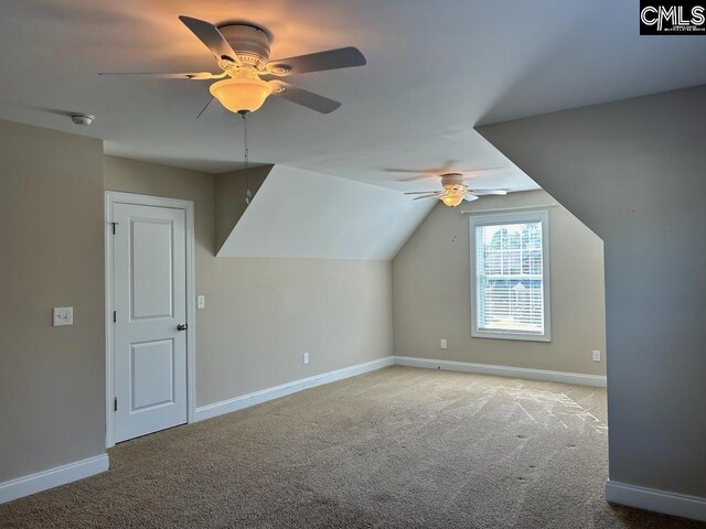 60 Fork Branch Ct, Irmo, SC 29063 - bonus room featuring ceiling fan, baseboards, lofted ceiling, and carpet flooring