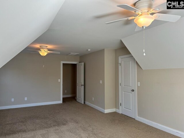 60 Fork Branch Ct, Irmo, SC 29063 - additional living space with vaulted ceiling, baseboards, carpet floors, and ceiling fan