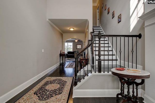 stairway featuring hardwood / wood-style floors and ornamental molding