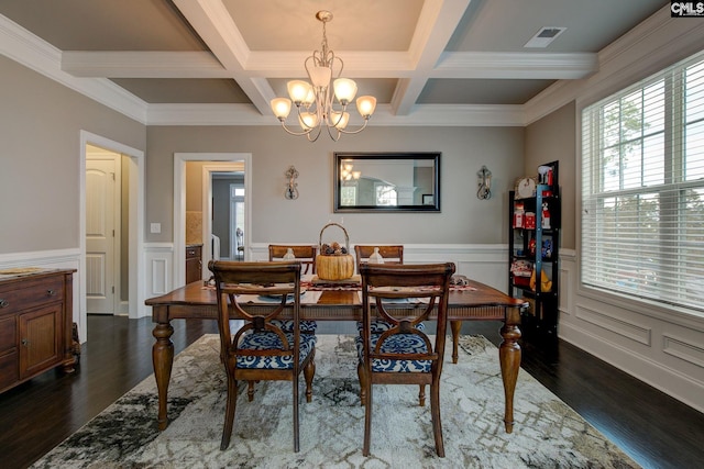 dining space with a wealth of natural light, dark wood-type flooring, and beam ceiling