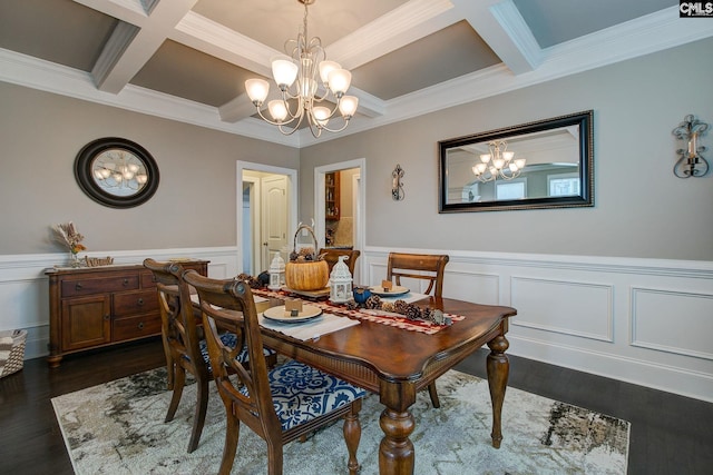 dining room with beamed ceiling, ornamental molding, a chandelier, coffered ceiling, and dark hardwood / wood-style flooring