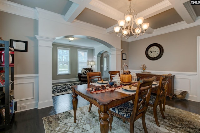 dining room with ornamental molding, dark wood-type flooring, and coffered ceiling