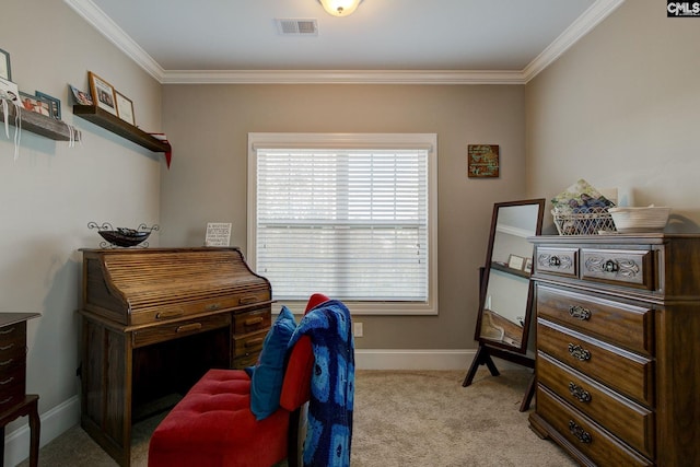 carpeted bedroom with crown molding