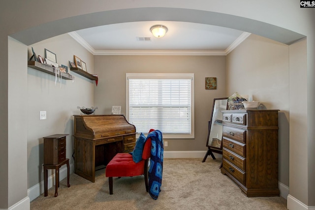 miscellaneous room featuring light colored carpet and crown molding