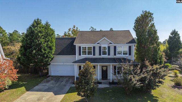 traditional-style house featuring concrete driveway, roof with shingles, and a front lawn