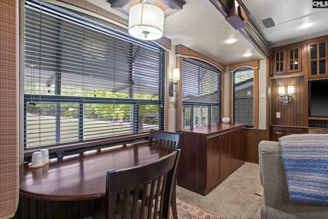 interior space with a wealth of natural light, wooden walls, and carpet floors