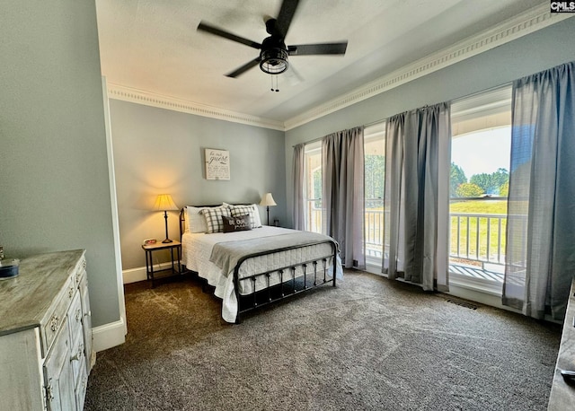 bedroom with ceiling fan, crown molding, access to outside, and dark colored carpet