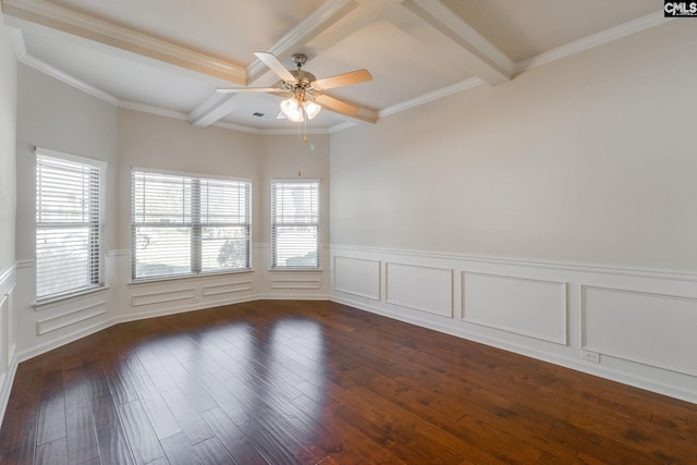 empty room featuring beamed ceiling, dark wood-type flooring, crown molding, and ceiling fan