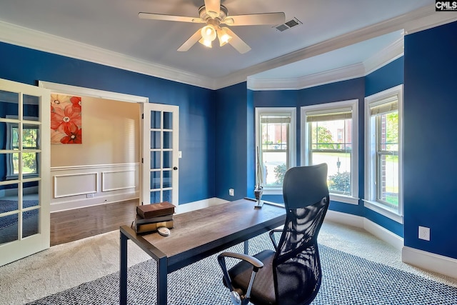 office space with crown molding, french doors, wood-type flooring, and ceiling fan