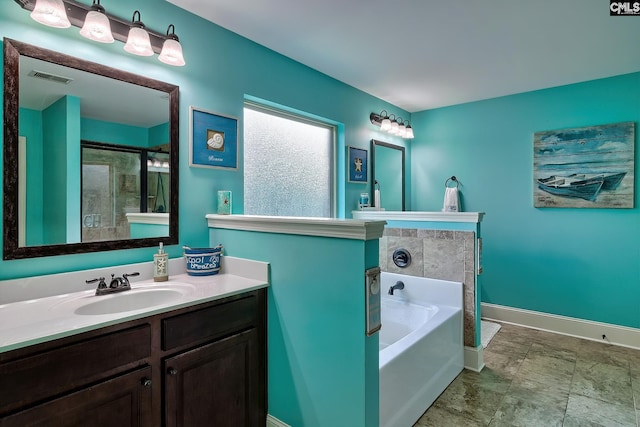 bathroom featuring vanity and plus walk in shower