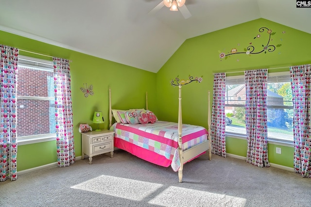 bedroom with carpet, vaulted ceiling, and ceiling fan