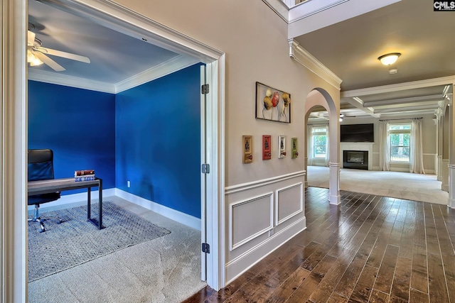 interior space featuring beam ceiling, ceiling fan, ornamental molding, dark wood-type flooring, and coffered ceiling