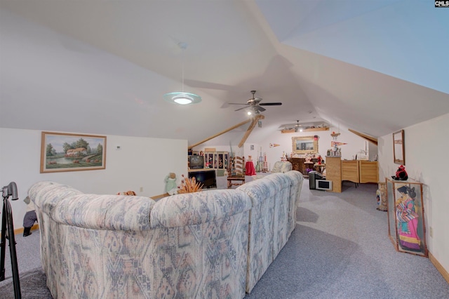 living room featuring lofted ceiling, light colored carpet, and ceiling fan