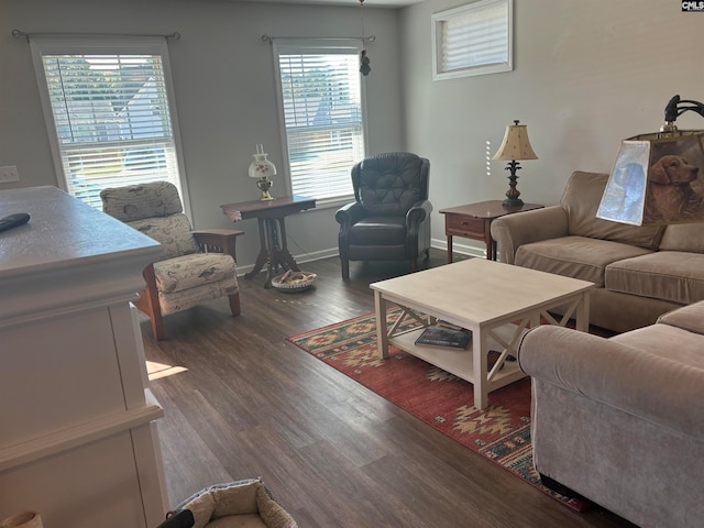 living room featuring a healthy amount of sunlight and dark hardwood / wood-style flooring