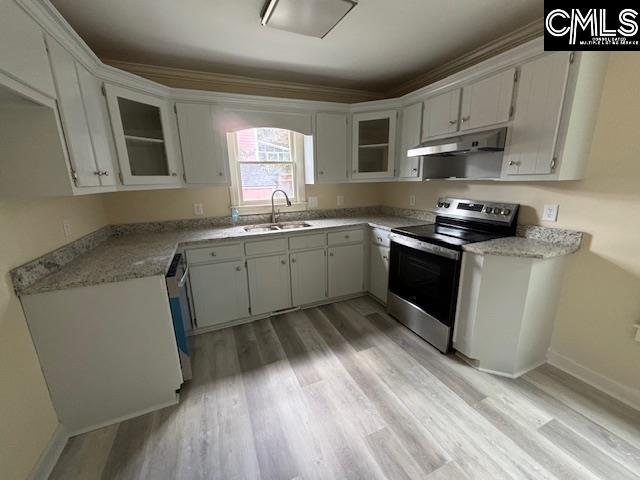 kitchen featuring sink, light hardwood / wood-style floors, stainless steel appliances, white cabinets, and light stone counters