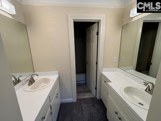 bathroom with vanity and ornamental molding