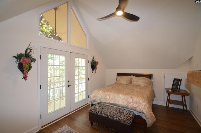 bedroom featuring ceiling fan, multiple windows, access to outside, and dark hardwood / wood-style flooring