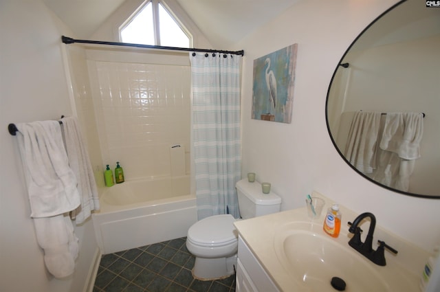 full bathroom featuring toilet, lofted ceiling, shower / bath combo with shower curtain, and vanity