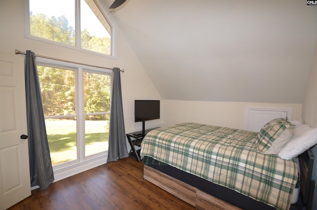 bedroom featuring lofted ceiling and dark wood-type flooring