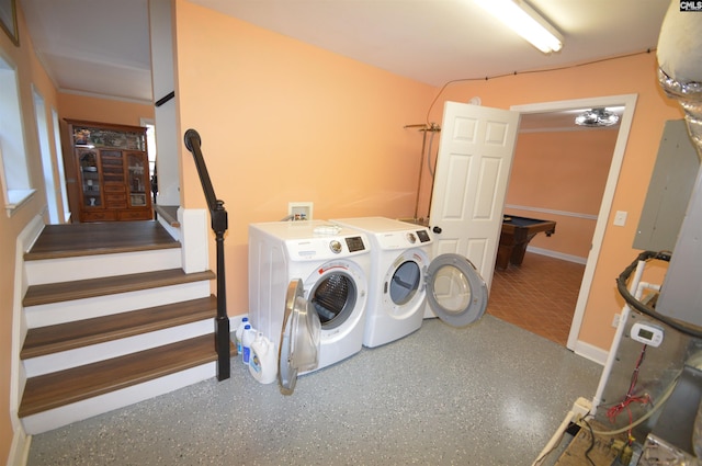 washroom with pool table and separate washer and dryer